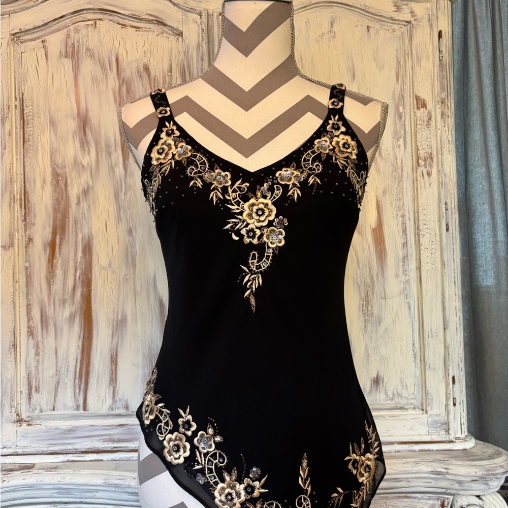 R&M Richards Black and Gold Embellished Blouse